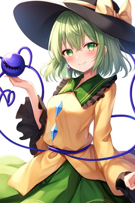 masterpiece, best quality, highres, solo, {komeiji_koishi_touhou:1.10}, third_eye, hat, green_eyes, black_headwear, heart, short_hair, ribbon, green_hair, bow, smile, hat_ribbon, heart_of_string, bangs, hat_bow, hair_between_eyes