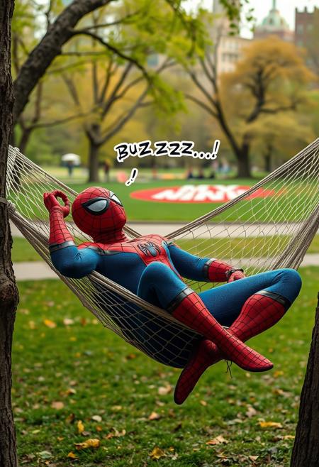 Marvel's Spider-Man taking a nap in a hammock made of web. The word "buzzzzzzz..." comes out of the hero's head as if it were a snore. The hammock is hanging between two trees. New York's Central Park in the background.