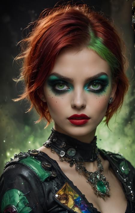 grunge style 
close-up, pov face, over shoulder shot, dynamic pose
french beauty, green eyes, (colorful make-up:1.5), black lipstick, detailed eyes,
short red hair, diamond jewlery
dark background , textured, distressed, vintage, edgy, punk rock vibe, dirty, noisy
 <lora:SDXLFaeTastic2400:1>