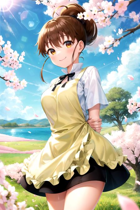 masterpiece, best quality, 1girl, <lyco:Popura-000008:1.0>, taneshima popura, white shirt, ribbon, apron, skirt, smile, arms and hands behind back, fluttering grass, spring, sakura blossoms, petals, lens flare, altocumulus, dazzling light, cool breeze, shade  of  a sakura tree, meadow, lake, surface reflection