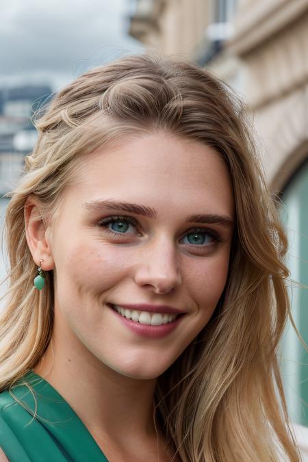 Professional photograph of GW Woman, close up, portrait, she has long blonde hair combed to the sides, she's standing on the balcony of her apartment in London, smiling at the viewer, ((toothy smile)) wearing earrings, red lipstick and eyeliner, it's a toothy smile, light green eyes with beautiful iris. She's wearing a (black sundress). (landscape view of London city in the background), cloudy sky, ray-tracing, sunrays, photorealistic, 4k, 8k, masterpiece, by bokeh, absurdres, highest quality <lora:GaiaWeiss-1599-byMal:1>