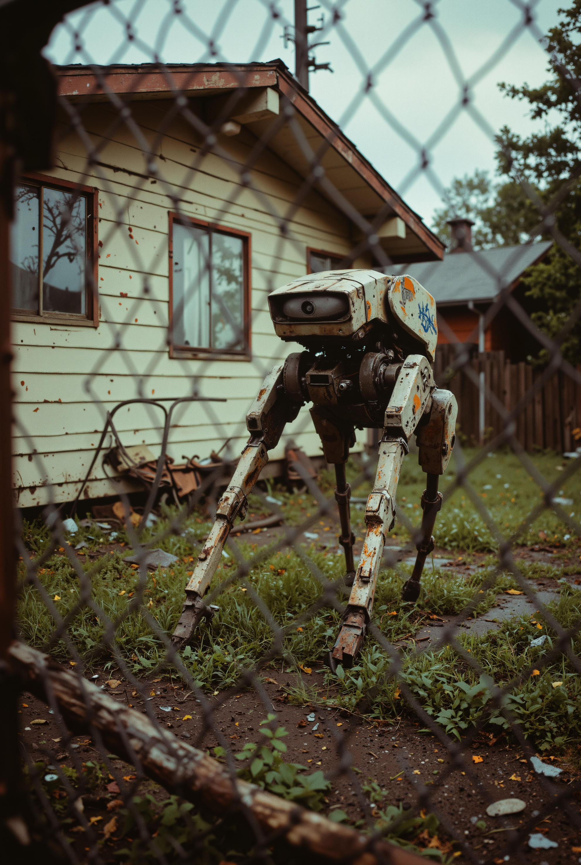 A weathered, rust-stained quadrupedal robot seen through a chain link fence, bounding across a yard. The white and orange robot features a rectangular head with a dark visor, articulated legs, and visible wear patterns across its surface. Tall weeds and grass surround the robot's feet, with scattered debris and fallen leaves covering the ground. Behind the robot stands a deteriorating single-story house with peeling white paint, and windows with red frames, while trees and additional buildings are visible in the background. 