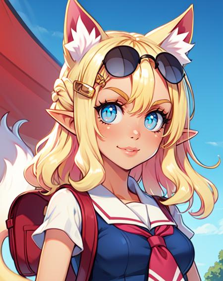 pirilika, cat ears, pointy ears,  blonde hair, blue eyes, 
school uniform, hair ornament,  eyewear on head, gold hair clip,  pink bag,  tail, 
upper body,   standing,  smile, 
festival, 
(insanely detailed, beautiful detailed face, masterpiece, beautiful detailed eyes, best quality),
 <lora:Pirilika-10v6:0.7>