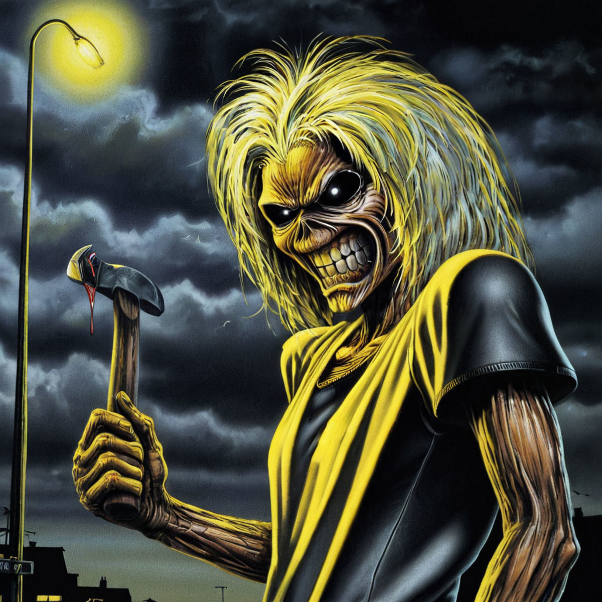 A cartoon character with long hair, a yellow shirt, and a menacing expression holding a hammer.