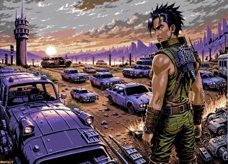 masterpiece, best quality,pixel art,low contrast,wasteland, sunset, cars, spikes, battle <lora:C64graph:0.8>