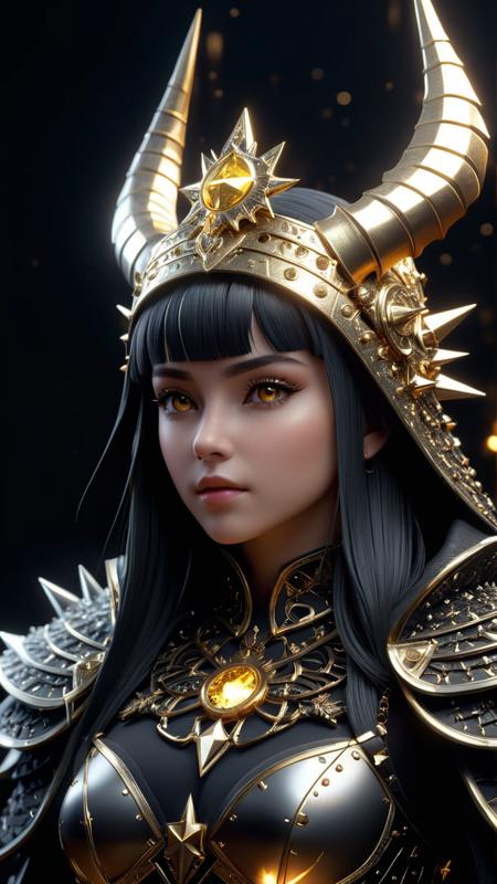 A hooded skeleton  girl with golden stars on his head, surrounded by many sharp gold spikes and armor made of pure black obsidian. The background is dark with a digital art style, illustrations, 3D, hyper detail, cinematic light effects, ultrahigh definition details, octane rendering in an ultrawide angle style. headpiece, surrounded by stars, set against a black background in the hyper realistic game art style of focus, symmetrical design, very detailed, chiaroscuro light.dark background, closeup perspective, 3D rendering style, octane render, ultrahigh resolution of 8k. The character is adorned in an elaborate robe of gleaming scales, creating an atmosphere filled with darkness and power.made in the style of pure metal, with horns and spikes that shine like diamonds, cinematic dark atmosphere, symmetrical composition, octane render, hyper realistic, hyper detailed, volumetric lighting, hyper photorealistic.that hint at divineeurgative beauty. This digital artwork captures a moment frozen in time, showcasing , elden ring, celestialpunk theme, by Tomasz Alen Kopera , (masterpiece), (best quality), (ultra-detailed), very aesthetic, illustration, disheveled hair, perfect composition, moist skin, intricate details, cinematic photo, 35mm photograph, film, bokeh, professional, 4k, highly detailed,dark fantasy,analog style,light grain,film photography style,    <lora:add-detail-xl:1>, (((golden eyes)))