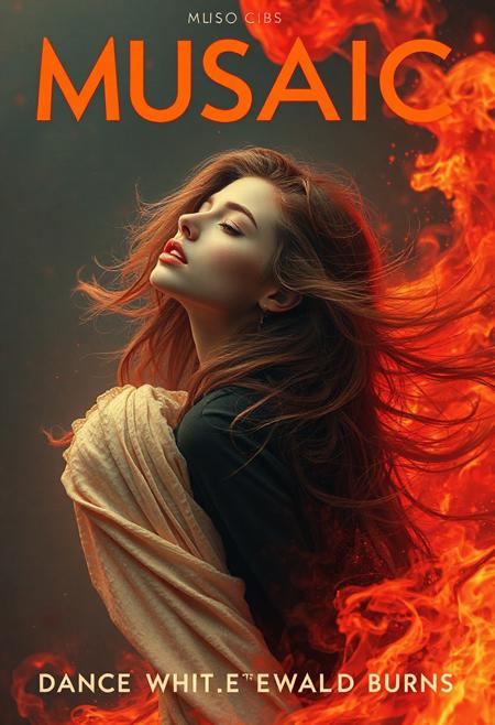 high quality design aesthetics, disco, synth pop, dynamic, detailed, pop album cover, melancholic, beautiful young white woman, artist name "MUSAIC", album title "Dance While The World Burns"