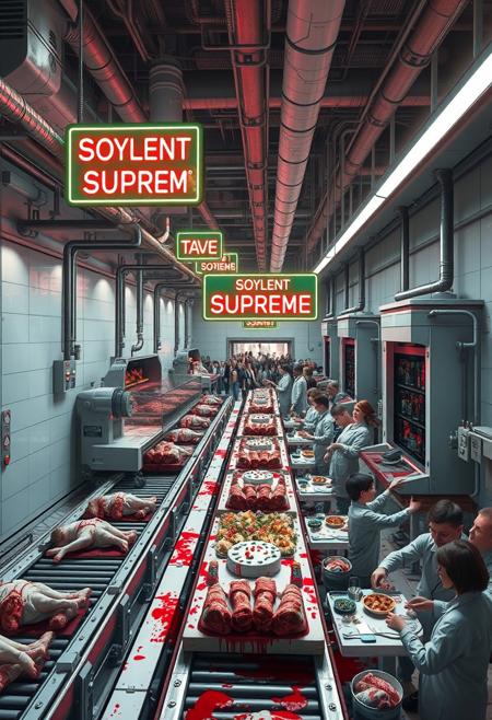 A futuristic factory where humans are processed into a synthetic food source for the masses, hidden under the guise of sustainability and "eco-friendly" living. Conveyor belts carry unconscious bodies—once citizens of a world now crushed by overpopulation and resource scarcity—into massive, grinding machines. The walls are sterile white, contrasting the blood-stained floors as mechanical arms butcher flesh into indistinguishable meat-like slabs. Overhead, neon signs market “Soylent Supreme,” promising a solution to world hunger, while oblivious, smiling families consume this grotesque product at a lavish, government-sanctioned banquet. In the background, hollow-eyed workers, numb to the horror, keep the machines running, aware but powerless against the lie. Outside, the starving masses line up, begging for their next ration, unaware they’re eating what they once loved. The quiet horror lies not in the brutality, but in the fact that everyone has accepted this as normal—humanity has become its own prey, sold back to itself in neat, convenient packages.```