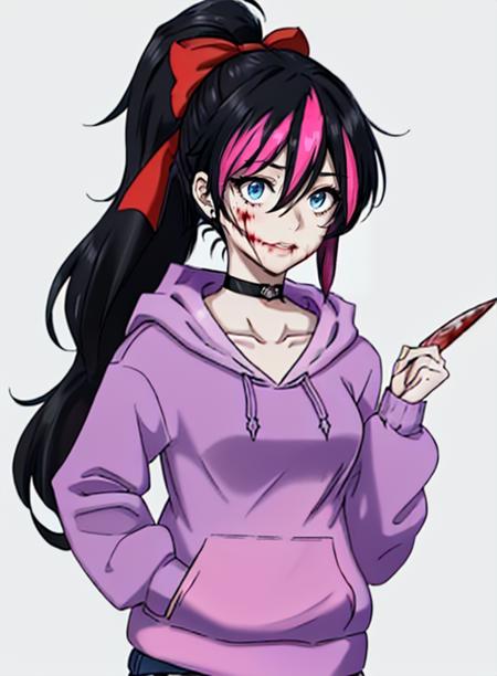 best quality, (masterpiece),(ultra-detailed), (high quality), (high resolution), <lora:nina:0.7> ,nina the killer, white skin,  purple hoodie, black choker, pink hair, hood down, red bow,  long hair, black hair,  blood, two-tone hair, hood, bow, multicolored hair, holding knife, streaked hair, breasts, ponytail, blue eyes, hoodie, holding, solo, hair between eyes, choker, collarbone, hair bow,   blood on knife