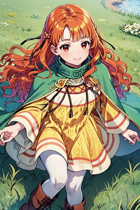 upper body,<lora:yuneV1:0.9>,yune, yellow dress, green cape, smile,  boots,white pantyhose,brown footwear,long sleeves, cloak,grass,outdoors, (masterpiece, best quality, ultra-detailed, best shadow)