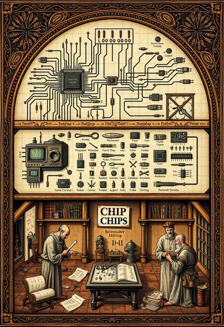 Historical Scene, Medieval Art Style, Detailed Sectioned Illustration of the Manufacture of Microchips in the Middle Ages, Depicting Innovations, Transistors, and Circuit Boards, with Ornate Decorative Background. The upper section showcases the intricate process of creating microchips, with decorated logical circuits, circuit pathways and delicate transistors highlighted as symbols of medieval craftsmanship. The middle section presents medieval computer devices such as processors, motherboards, and routers, with small icons depicting the importance of semiconductor technology. The lower section illustrates chip design and assembly, with artisans working in a medieval-style workshop surrounded by ornate tools and scrolls of code and binary numbers.