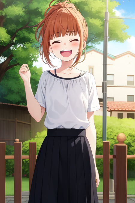 kirishimauta, 1girl, solo, day, blush, cloud, closed eyes, tree, standing, :d, teeth, facing away