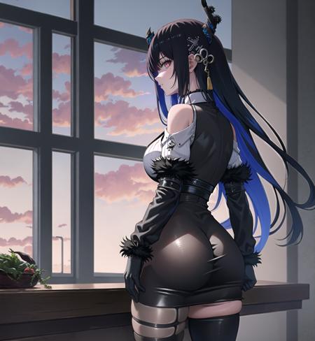 <lora:nerissa_ravencroft_v4-000009:1>
(1girl, solo:1.3), 
standing, cowboy shot ,
(asymmetrical horns), horns, demon horns, red eyes, slit pupils, [mole under eye], 
black hair, blue hair, two-tone hair, long hair, hair ornament, 
large breasts, skindentation, thick thighs, 
(from behind), ass focus, huge ass, looking back, 
bare shoulders, fur-trimmed sleeves, fur trim, collared shirt, (white shirt), gloves, (vertical striped shirt), 
black skirt, (miniskirt:1.25), belt, multiple belts, 
(asymmetrical legwear:1.25), (thigh boots), (single) thighhigh, black thighhighs, single leg pantyhose
indoors, (cafe), window, sunset