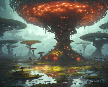 a wet swamp with glowing mushrooms and a futuristic structure in the background, landscape, by advntr