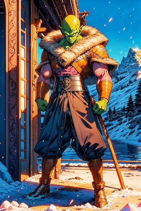 (best quality, high quality, anime masterpiece:1.3), piccolo wearing a (viking outfit:1.3), detailed outfit, long beard, viking tattoos, detailed background, aura  <lora:add_detail:0.7>