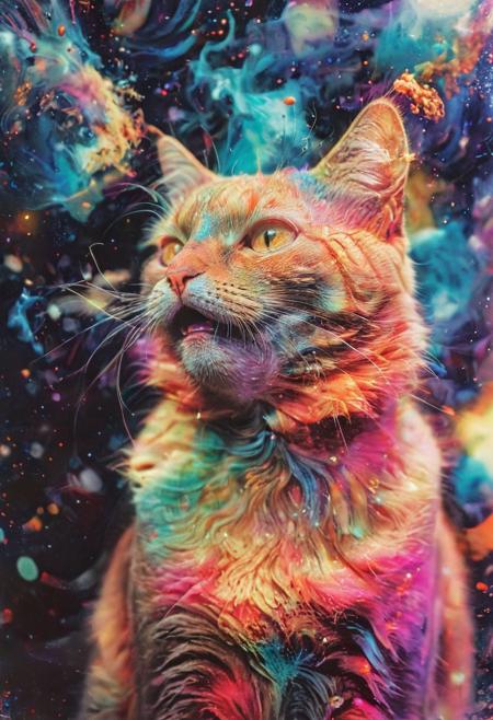 Product photograph, the 1980s, PsychadelicChaos, the universe, chaos, insane colors, the universe blowing up, insane colors, a universal cat, beautiful, epic, analog film grain, polaroid, DSLR