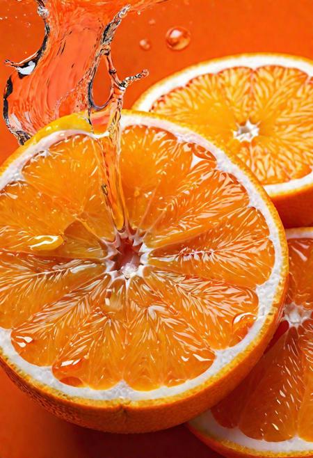 Captivating close-up shot of fresh orange slices, with a dynamic splash of vibrant orange juice adding a sense of energy and movement to the frame. The image highlights the intricate texture and deep, warm orange color of the fruit's skin, set against a vibrant orange color tone. This high-speed photograph captures the beauty of the oranges in stunning detail, showcasing the allure of fresh fruit and the artistry of food photography.