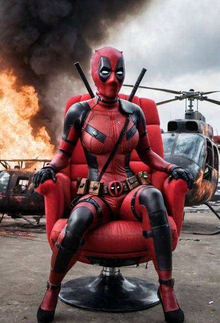 hyperrealistic art (((busty girl deadpool sit on red chair in front of burning helicopter, chaos))), ((reflections, exploding buildings, storm, wet)), slim body, (huge breasts), (breasts bursting out of costume), (full mask, full costume with cleavage cut away), extremely high-resolution details, photographic, realism pushed to extreme, fine texture, incredibly lifelike, huge tits
