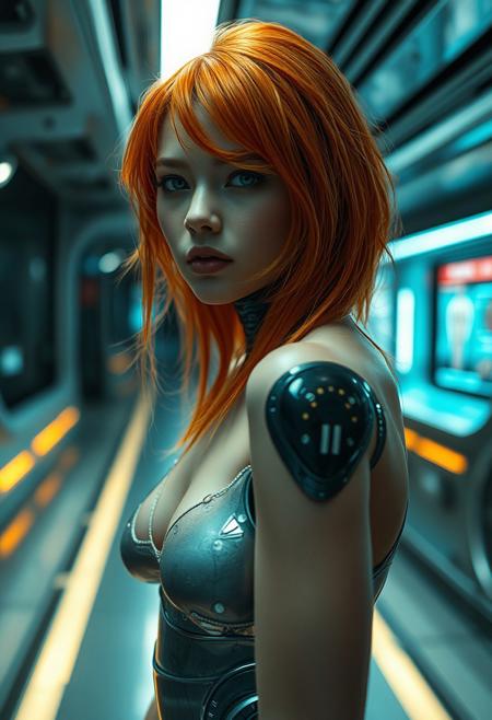 (Soft Lighting Photography by Mimoza Veliu and Mario Giacomelli:1.2), NSFW, close-up, portrait of a young android, 1girl photography masterpiece, half-body shot, orange hairs, standing in sensual pose, an irresistible beauty cyborg sex-prostitute android unit with ((robotic parts implants)) walking in a sci-fi space station, emotional capture, she has intense expression, eyes catchlights, a perfect finely detailed skin, small breasts, awesome sexy body, ambient fluo lighting, dark mood, portrait in unusual composition, symmetry , fine erotic content, groundbreaking unrivaled opus with unrivaled details, (tealblue and silvergray colors:0.3), intricate, sharp focus, ray tracing, rtx, professionally color graded, professional photography, high quality, melancholic, masterful Photography in the style of Oleg Dou, Mona Kuhn, (((Mona Kuhn photography style))), (realistic:1.2), (detailed:1.2), (highres, best quality:1.4),, sexy