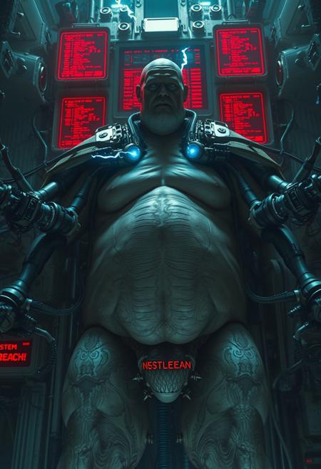 Big tall old sexy gay musclechub granddad, HR Giger sci-fi horror film, dark cinematic sci-fi atmosphere, blame! Megastructure by tsutomu nihei, biomechanic cyborg plugged into machine with many big cables and colorcoded wires, multiple robotic arms coming out of his back like a god of illusion, huge tubes connected to body, organic fleshy components and pale wet skin with large musclefibers, machine god embedded into huge cybernetic throne, glowing blue eyes that emit electric lightning, short-circuit, thunderbolts, red glowing Datastream surrounding cables, screen in back with a lot of binary code on it, red holographic screens with errorcode and exclamation marks floating around  god, one screen displaying "SYSTEM BREACH!", calm serene stoic expression on machine gods face
