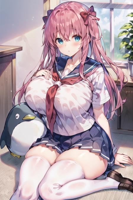 nodokaharamura, 1girl, solo, pink middle hair, huge breasts, red ribbon,
schooluniform, thighhighs,  loafers, stuffed penguin,
 <lora:nodokaharamura:0.8>
indoor, sitting,  holding stuffed penguin in arm,