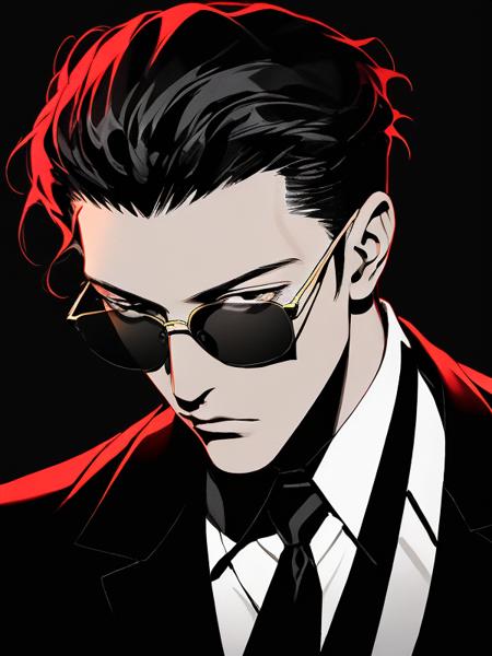 suit thug, 1boy,black necktie, male focus, monochromatic minimalist portraits,simple background, close up,black background, sunglasses, red light