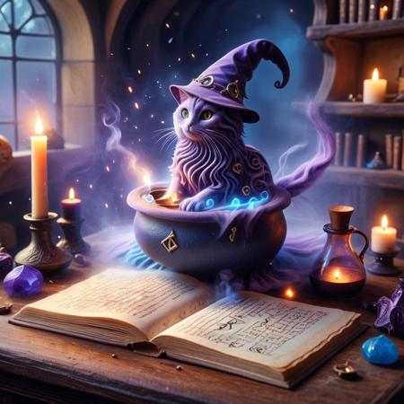(GrubCat),  (sandswirl), (close-up shot), (cat sitting on a cluttered wizard’s desk), (wearing a slightly oversized wizard hat), (mystical artifacts scattered around), (glowing runes on parchment), (open spellbook with arcane symbols), (floating candles casting eerie light), (bubbling potion in glass flask), (faint magical aura in the air), (mystical blue and purple lighting), (dusty, ancient tomes stacked nearby), (soft shadows and warm candle glow), (smoke swirling from a tiny cauldron), (enchanted atmosphere), (whimsical, magical setting).