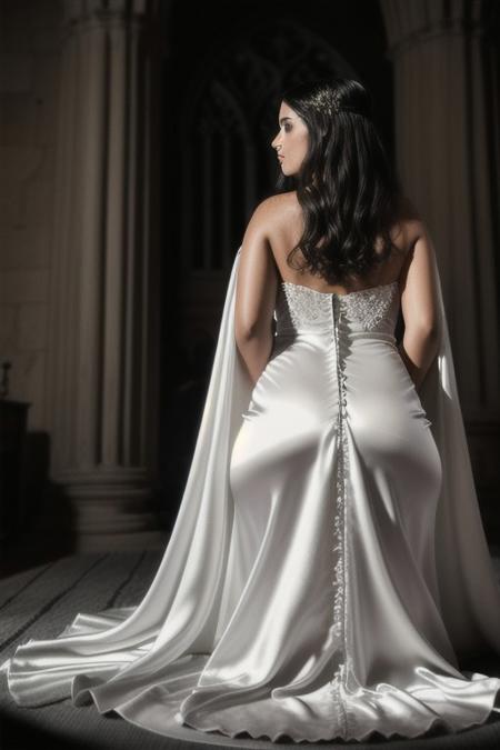 Photo•raw•8k uhd•dslr•high quality•ultra-realistic•realistic•realism•film grain overlay•Fujifilm XT3.
View from behind, dark gothic-style•candle-lit room•ancient stone altar.
1woman•wearing a (white satin gown dress)•(voluptuous)-body•kneeling.