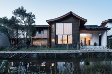 zhuai_rural architecture, new chinese style, single house, front view, scenery, tree, outdoors, house, building, window, fence, sky, reflection, day, water, grass, reflective water, plant, bush, 
best quality, realistic, photorealistic,ultra detailed,8K,High quality texture,intricate details,detailed texture,finely detailed,
RAW photo, photo of building, (high detailed skin:1.2),  uhd, dslr, soft lighting, high quality, film grain, Fujifilm XT3
 <lora:rural architecture_v1.0-000016:1>