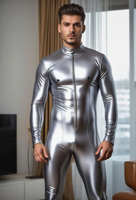 two strong 24-year-old italian hunk males, with a side fringe curtains hairstyle, detailed face, confused expressions, wearing a skin tight silver latex suits with gold and gray latex details, standing at attention posture, fullbody shot, on a modern living room, looking to the camera, detailed face, professional photography, shot on sony a 7RIII , looking to the camera,  detailed skin face and eyes, natural lighting ,  film grain, low contrast, natural face,  dark circles under eyes