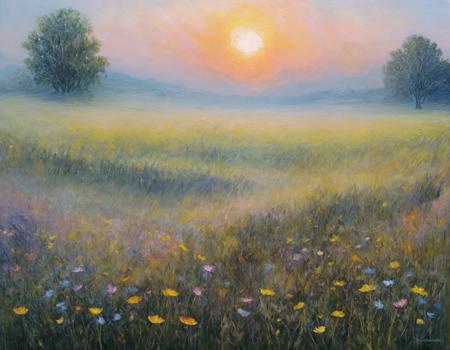 summer sunrise over meadow, wild flowers, morning mist, impressionist painting, 3D impasto technique, vibrant palette, in style of Monet