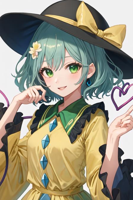 best quality, masterpiece, highres, solo, {komeiji_koishi_touhou:1.15}, third_eye, hat, green_eyes, black_headwear, short_hair, green_hair, ribbon, smile, bow, upper_body, heart, bangs, hat_ribbon, hat_bow, hair_between_eyes, 1girl, blue_flower, blue_rose, flower, frills, holding, looking_at_viewer, rose, shirt, yellow_shirt, frilled_shirt_collar, frilled_sleeves, yellow_bow, long_sleeves, wide_sleeves, blouse, hands_up, parted_lips