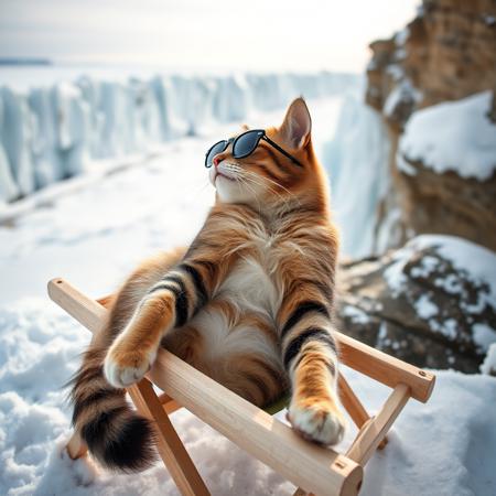 A cat wearing sunglasses, lounging on a mini beach chair, snow hill 