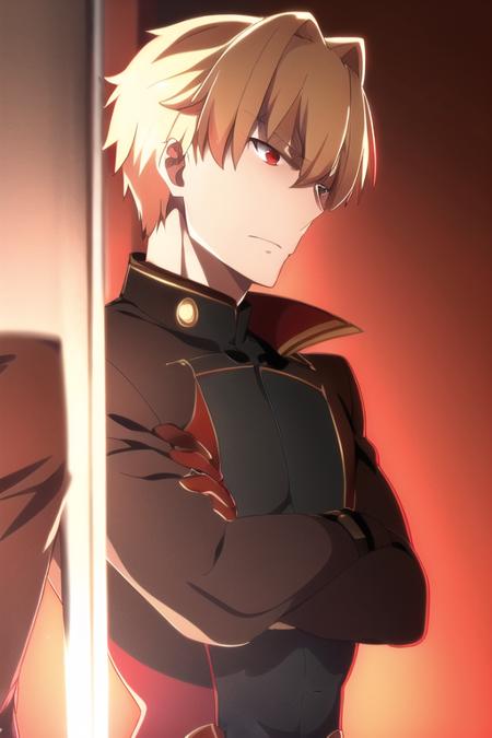 gilgamesh \(fate\), blonde hair, red eyes, short hair, long coat, black trench coat, jacket, hair up, crossed arms, solo, upper body, ufotable screen cap
<lora:ufotable_lora_v2:1>