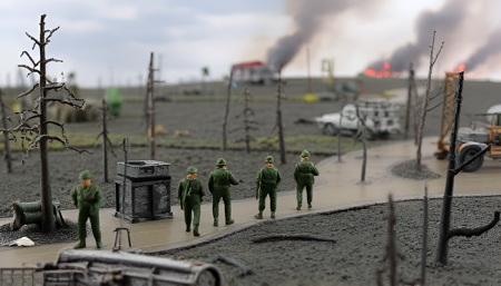 miniature diorama scene, a group of green army men moving through a muddy landscape. The landscape has dead trees scattered in the foreground and background. The sky is grey and cloudy, with smoke and fires in the distance. The color of the scene is muted.