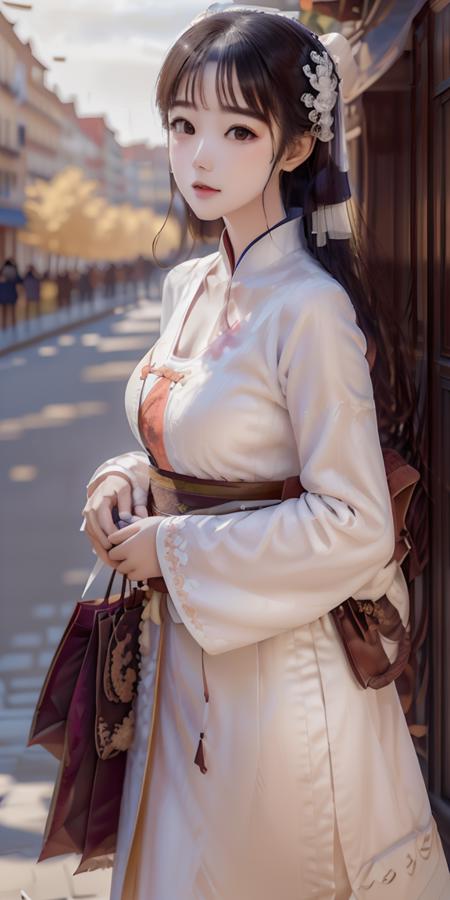 masterpiece,highres, highest quality,intricate detail,best texture,realistic,8k,soft light,perfect shadow, sunny,modern city,crowding street,stores,shopping,falling leaf, portrait,erjie,1girl,hanfu,walking,Luxury, street shot,