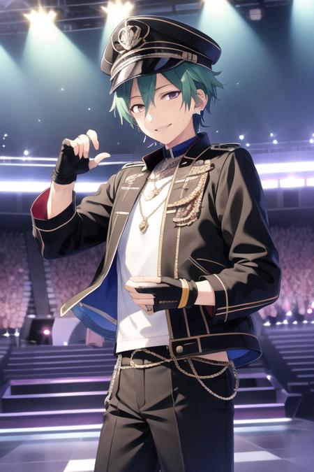 <lora:Tatsumi-04:0.7>, tatsumi kazehaya, solo, smile, short hair, shirt, gloves, 1boy, hat, jewelry, purple eyes, jacket, male focus, earrings, green hair, black gloves, fingerless gloves, 1other, stage