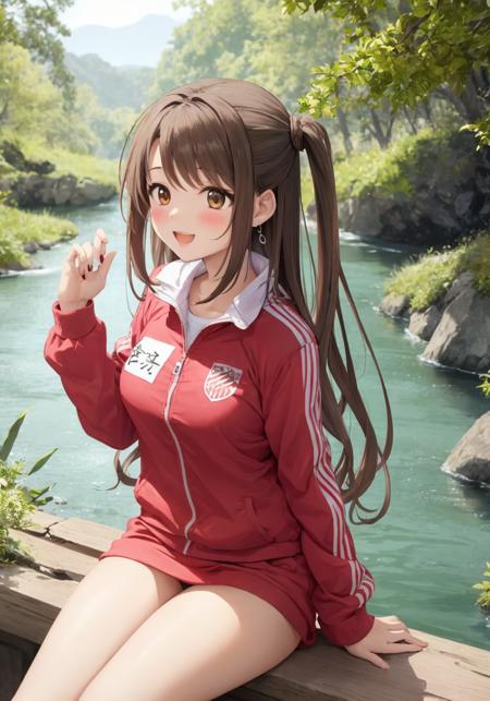 masterpiece,best quality,1girl ,very long hair,brown hair,one side up,in forest,river,pink dress, jewelry, earrings,buruma, jacket, gym uniform, ^_^
 <lora:Shimamura_Uzuki_V1.5:1>