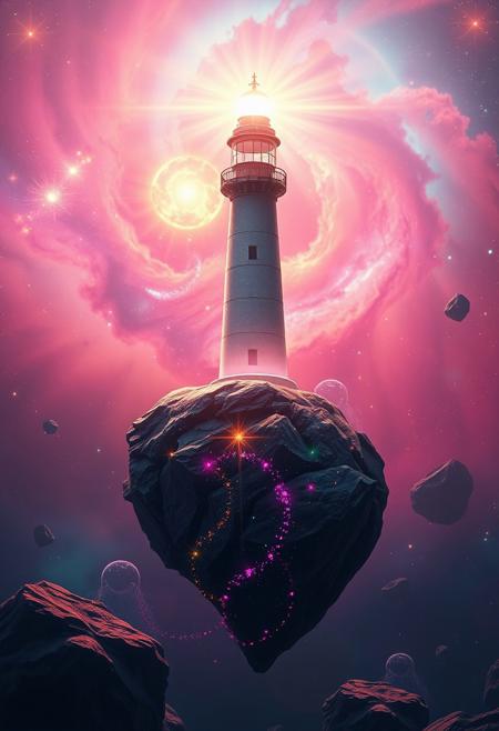 (high quality), (masterpiece), (detailed), 8K, An award-winning mystical lighthouse perched atop a small, rugged asteroid floats amidst a radiant nebula in a sprawling asteroid field. Its sleek, glowing structure emits soft beams of golden and pastel pink light, radiating warmth and guidance. Wherever the lighthouse's beam cuts through the celestial expanse, sparkles and bioluminescent effects dance in its wake, illuminating the surrounding space with shimmering trails of magic and ethereal beauty. The nebula swirls with vibrant hues of magenta, peach, and turquoise, creating a stunning celestial backdrop, while the asteroid it rests on glows faintly, its craggy surface flecked with stardust. The nearby asteroids reflect the radiant light, their surfaces sparkling with iridescent hues. This breathtaking digital art masterpiece exudes tranquility, positivity, and wonder, captivating all who gaze upon its surreal harmony and cosmic allure.
