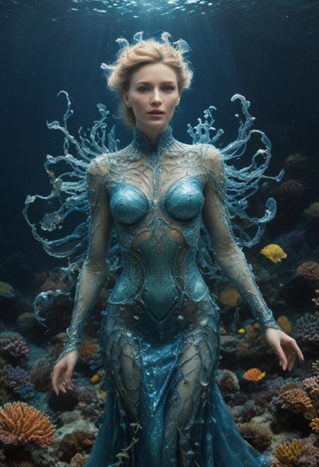 Cate Blanchett, fusion, deep-sea alien sorceress blended perfectly with Atlantean queen, mystical coral reef, translucent jellyfish-like armor, soft glow, deep blue ocean, iridescent sheen, ethereal gown, bioluminescent algae, watery silk, ocean currents, conjuring, glowing electric eels, fluorescent coral, vibrant colors, magical glow, cosmic wisdom, ancient power, surreal aquatic landscape, Unreal Engine VFX, holographic crown, luminous skin, natural lighting, HDR, Canon EOS 1D X Mark III, f/4.0, ISO 400, hyper-realistic underwater environment, ripples, fish, light rays, depth, dimension, AI-enhanced, digital creation, 32K smooth HDR, 128K HDR, high-res, stunning makeup, detailed face, fingers, eyes, nose, lips, hairstyle, bold colors, captivating expressions, natural lighting, Steven Spielberg VFX, CGI, practical lighting, NVIDIA RTX 3090 GPU, DeepArt.io, Artbreeder AI, LCM-LoRA DetailedFace:1.2, DetailedHand:1.1, DetailedMaster:1.0, DetailedEyes_xl:1.2, BetterSkinXL:1.1, 1,300 digital effects, Unreal Engine-rendered, smart HDR, 128K, CGI Unity.