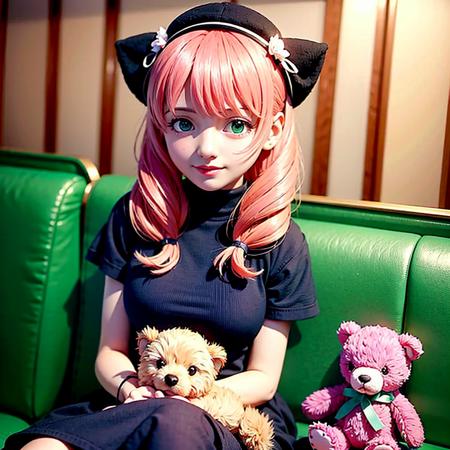 a girl with pink hair and green eyes holding a teddy bear and a teddy bear doll in her lap, (bow:0.747), (chibi:0.850), (dress:0.577), (frills:0.630), (green eyes:0.999), (hat:0.866), (low twintails:0.515), (mini hat:0.563), (minigirl:0.689), (multiple girls:0.840), (pink hair:0.765), (smile:0.831), (top hat:0.730), (twintails:0.777)