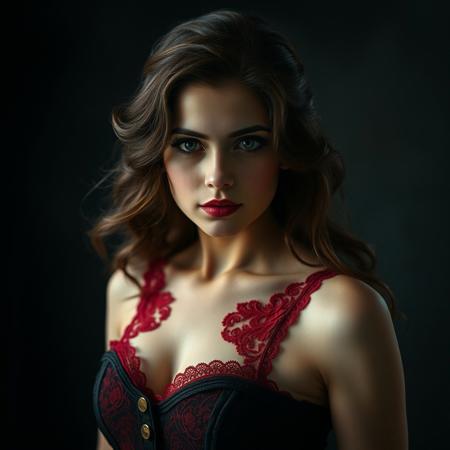 Capture a captivating front-view portrait of a flawlessly proportioned woman exuding a vintage 1920s pinup vibe with a dark, gothic twist. Her enchanting expression is framed by long, flowing waves of hair that cascade over her shoulders. She’s adorned in an elegant, gothic-inspired corset dress, detailed with intricate red lace, blending old-world glamour with gothic romance. The atmosphere is moody, enriched with soft shadows that add a sense of depth, creating an alluring, darkly romantic aura that merges vintage charm with a touch of mystique