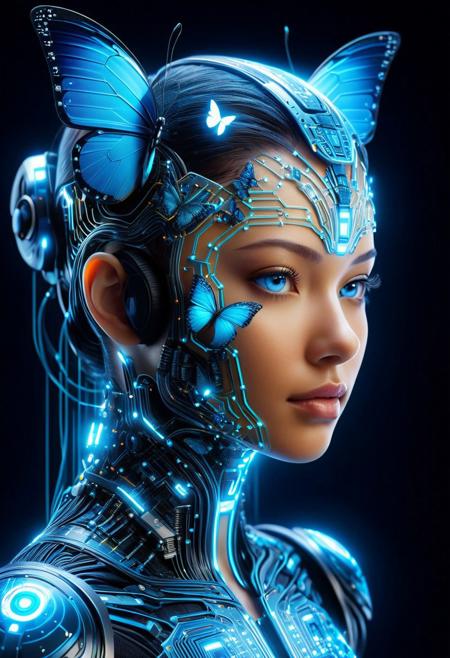 butterflyStyle,   cybernetic face, AI concept art, human-machine fusion, circuit board overlay, glowing data streams, futuristic cityscape, digital connectivity, artificial intelligence, neon blue network, tech-human hybrid, high-tech portrait, virtual intelligence, transhumanism, surreal technology art, glowing circuits, AI consciousness