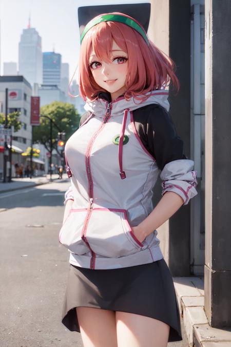 (masterpiece, best quality:1.2), <lyco:hackadoll_2-11:1.0>, cowboy shot, solo, 1girl, hacka doll 2, smile, looking at viewer, hands in pockets, hooded jacket, long skirt, cityscape, sidewalk