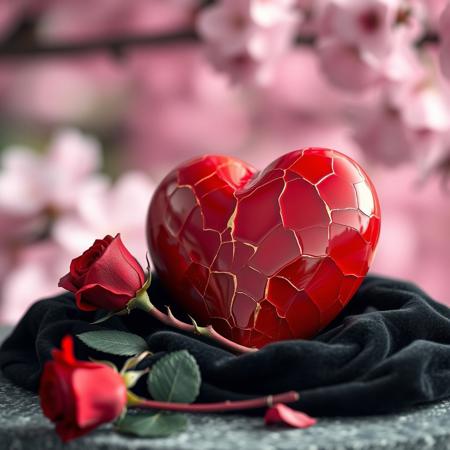 A red porcelain Valentine heart, red, glossy surface, repaired in the japanese kintsugi style, with gleaming gold visible in the numerous wide cracks ion its surface.  the heart is nestled into a base of black velvet. In front of the heart is a single long-stem red rose with thorns on the stem. The background is a cherry blossom garden blurred into a soft pastel bokeh.