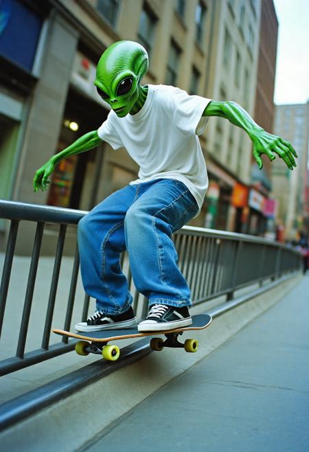 a y2k style photograph low angle shot of an alien with green skin wearing hiphop style clothing with baggy blue jeans and a plain white tshirt skateboarding through a city street. The alien is rideing the skateboard along a metal railing as the alien balances on the board with his arms streached out beside him. The shot is taken with a y2k photography style with a slight fish-eye lense. The alien is grinding along the railing, the skateboard is on top of the railing. The photograph captures the full scene. captured from floor level.