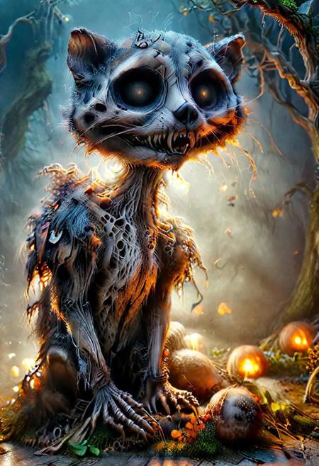 a racoon as zkeleton eating,
fog eeffect,
spooky mood,
night,
HDR, realistic, intricate details,