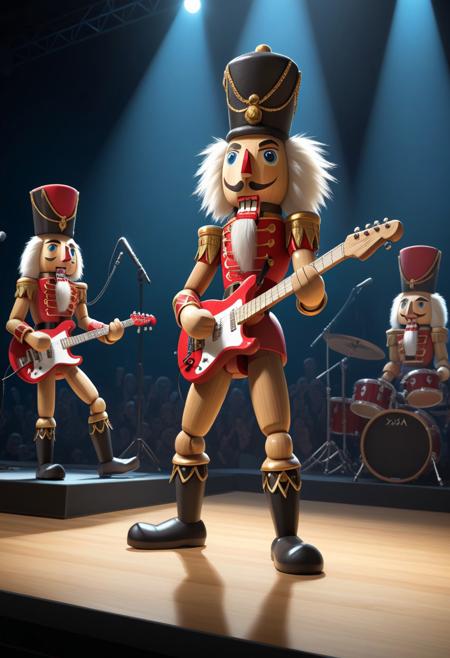 dancing wooden nutcracker boy,  playing lead electric guitar, large concert stage, rock band of nutcrackers in background, dim light, shadows, SFW, xaxaxa