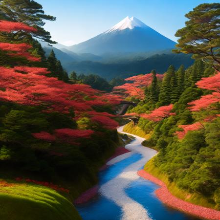 (meijijapan style:1) a river running through a forest next to a mountain <lora:djzMeijiJapanV21_LoraBooth:1>