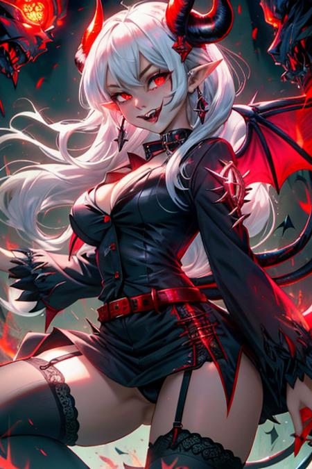 1girl, (female:1.2), mature, aged up, solo, red eyes, white hair, big breasts, glowing eyes, pointy ears, hair ornament, evil, seductive, attractive, smile, open mouth, tongue sticking out, wicked face, insidious, lace trim, (demon wings:1.2), demon horns, demon tail, tail wagging, tail ornament, spiked collar, ass visible through thighs, garter straps, lace-trimmed garter belt, girl on top, looking at the viewer, glowing runes red, demonictech